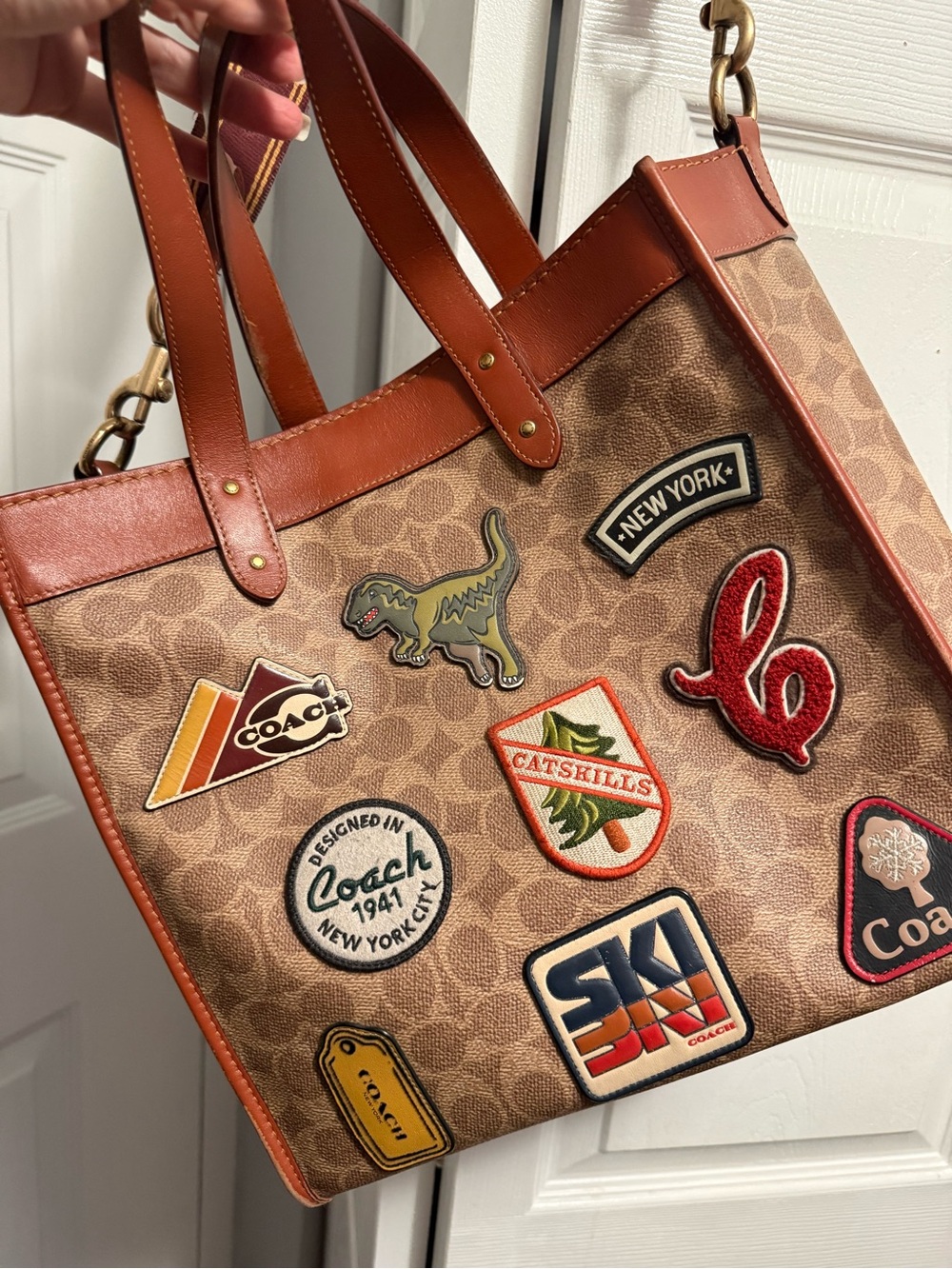 Coach Signature Tote with Brown & Red Patch Accents
